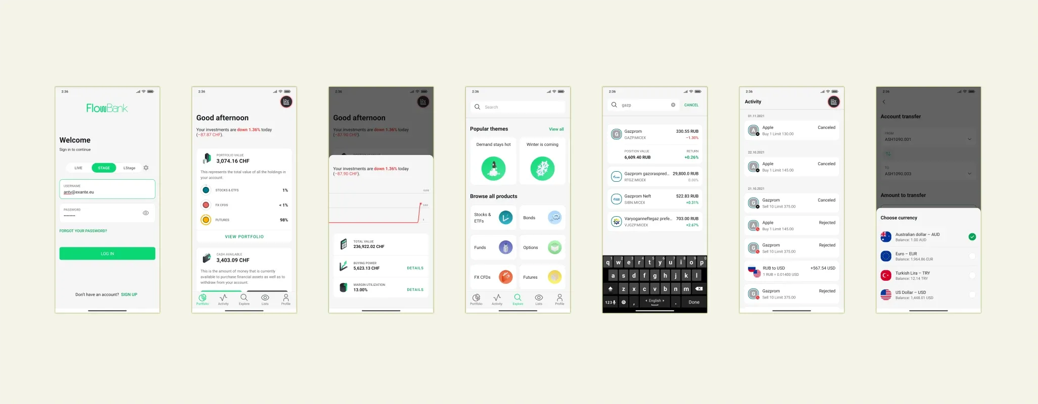 Seven screens of the FlowBank investing app: sign-in, portfolio value with holdings breakdown, performance chart, product themes browser, instrument search, order activity list, and account transfer with currency selection.